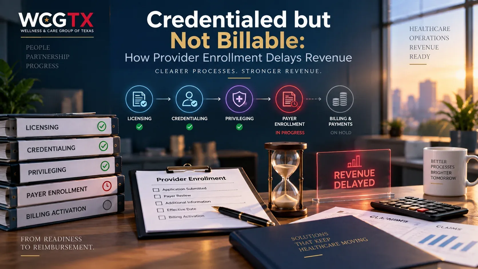 Provider credentialing, enrollment, payer approval, and billing readiness shown as separate steps before a provider can bill.