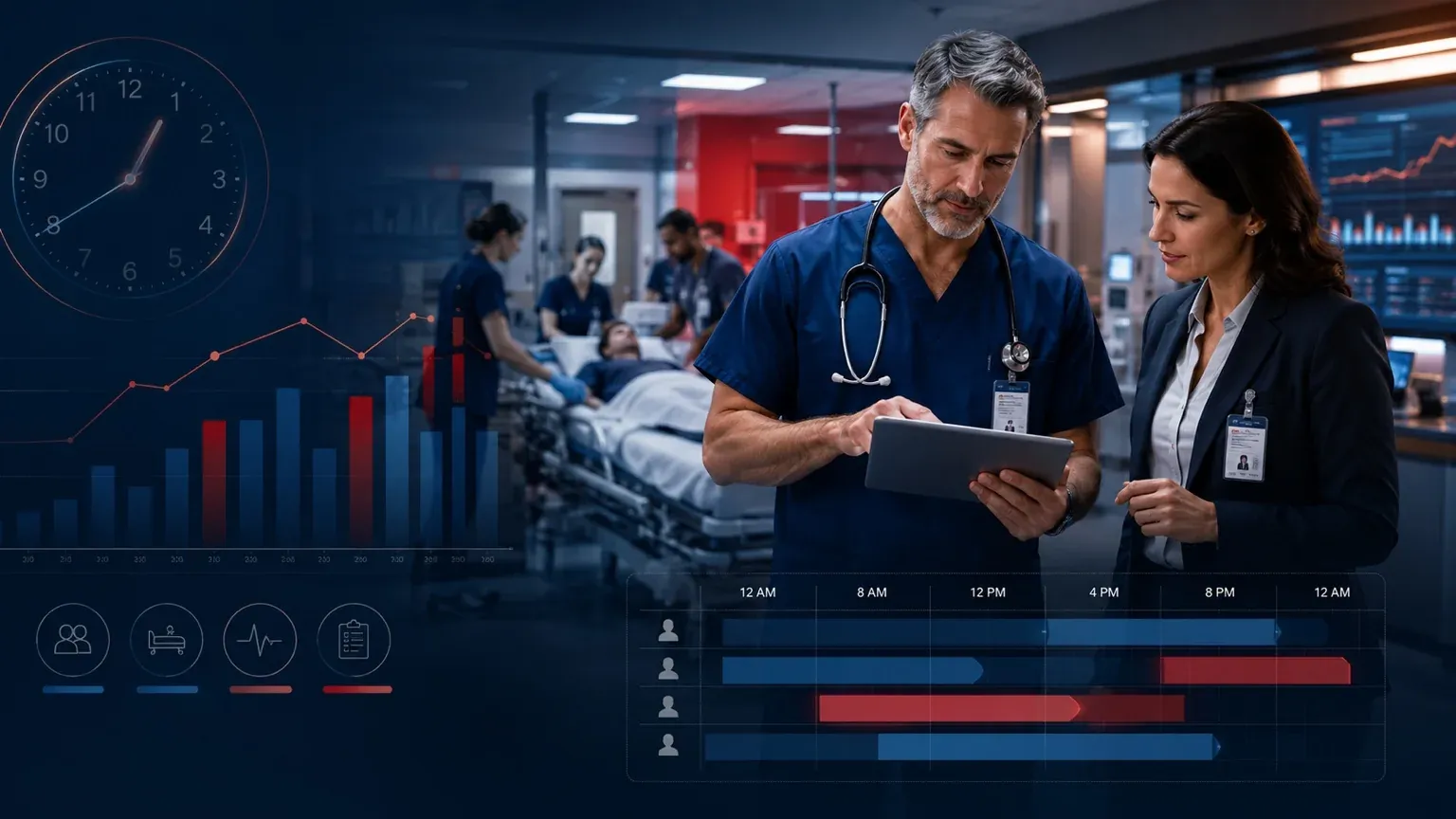 Emergency department patient volume shown across a day with low, moderate, and peak demand periods.