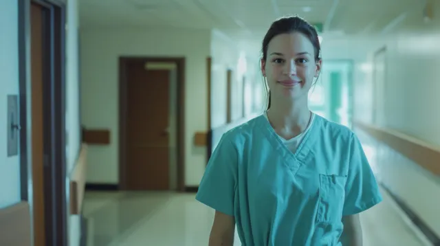 A registered nurse in scrubs in a hospital hallway