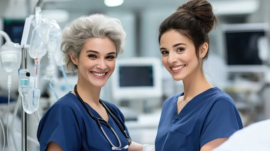 Emergency clinicians in scrubs on shift in a hospital